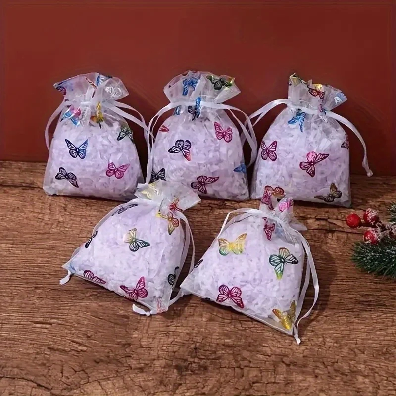 50pcs Colorful hot stamping butterfly gauze bag, jewelry gift candy storage double drawstring bag