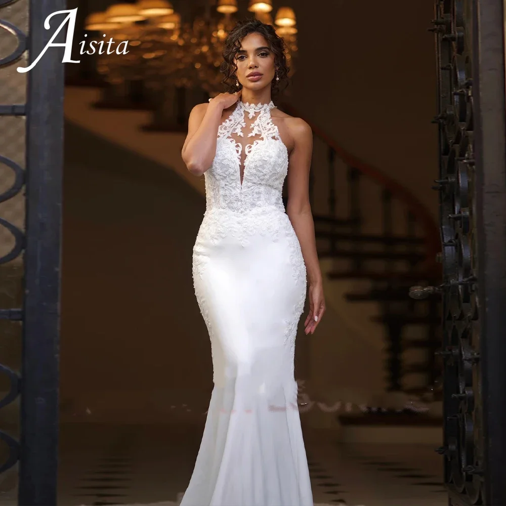 Charmante Meerjungfrau-Brautkleider mit Neckholder, Spitze, Applikationen, 2025, ärmellos, Kapellenschleppe, Vestidos de Novia, Robe De Mariee