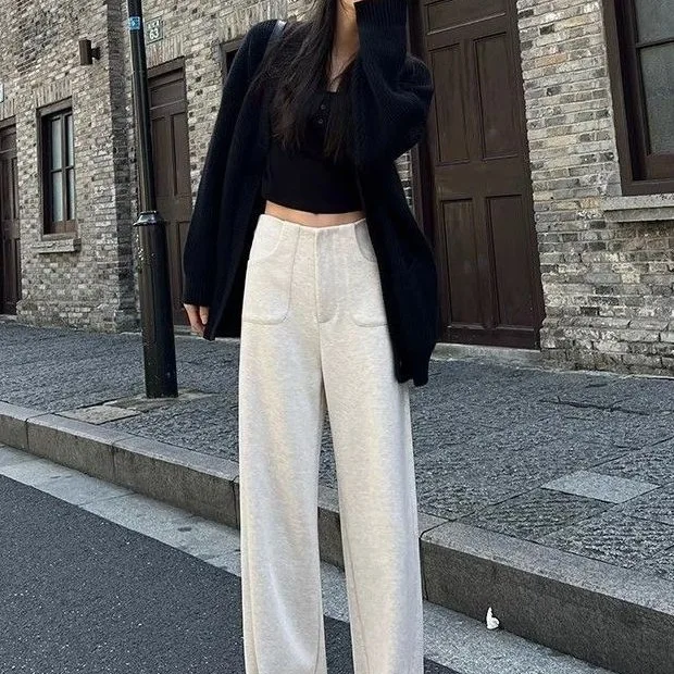 2026 White Narrow Wide-Leg Women,  High Waisted Draped Woolen Suit Pants Casual Straight-Leg Pants For Autumn And