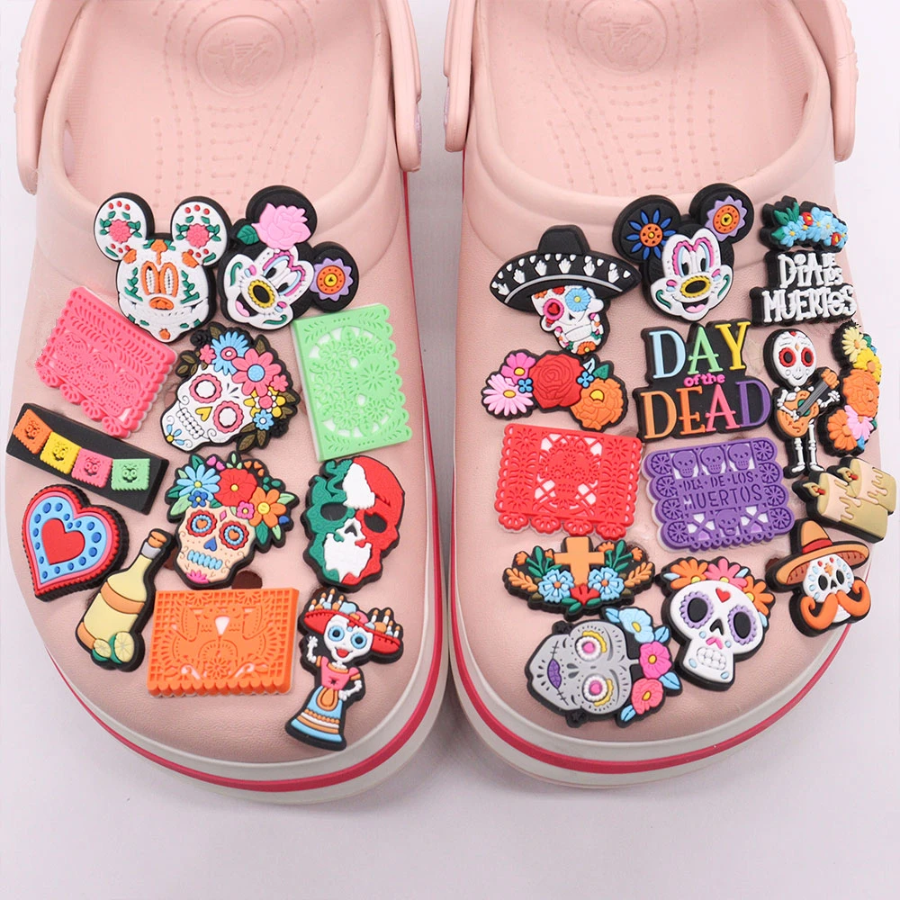 1-27pcs Day of the Dead Mickey Mexican Style Shoes Charms Candle Flowers Skull Adult Miniso Clog Decoration DIY Backpack