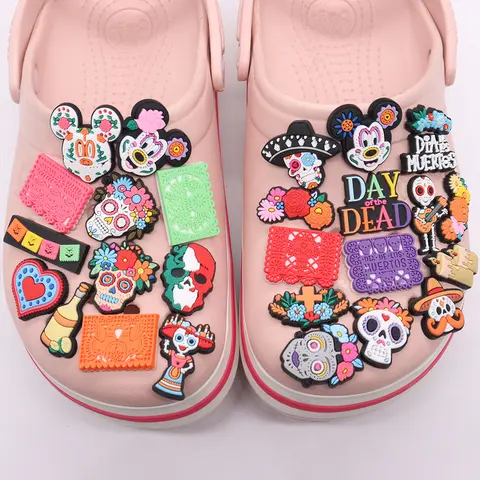 1-27pcs Day of the Dead Mickey Mexican Style Shoes Charms Candle Flowers Skull Adult Clog Decoration DIY Backpack