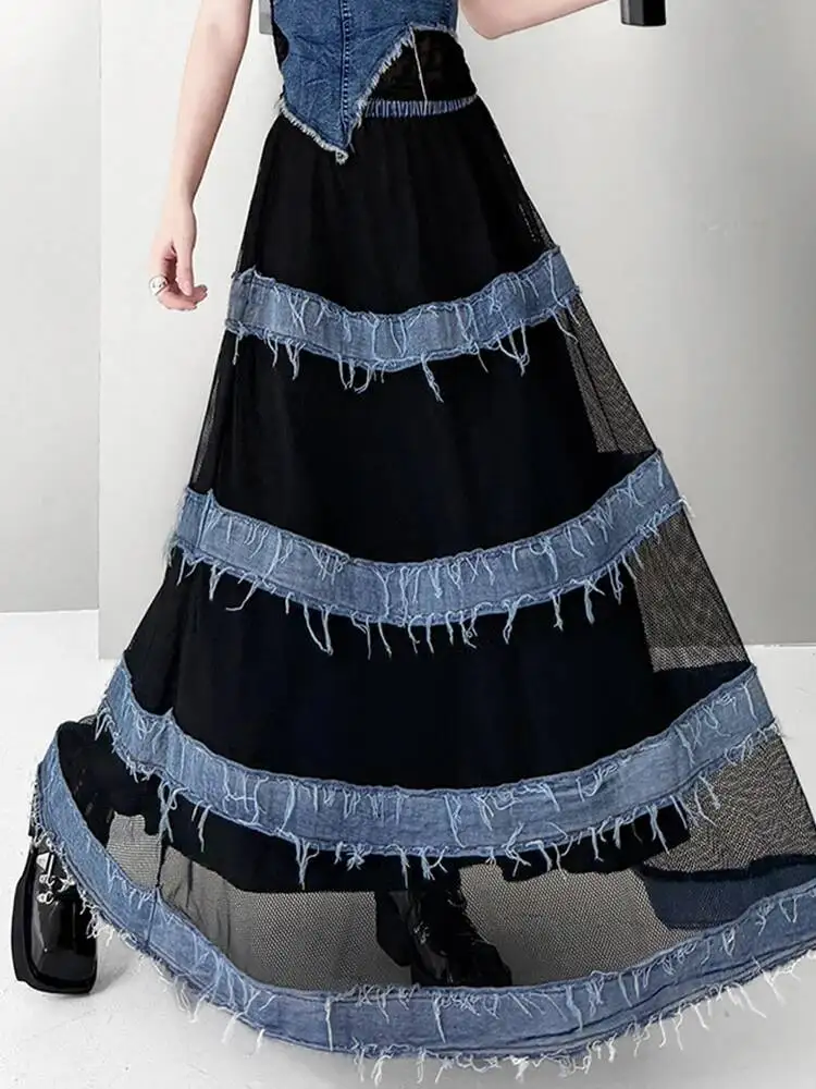 High Elastic Waist Blue Burr Denim Grid Hollow Out A-line Half-body Skirt Women Fashion Tide New Spring Autumn