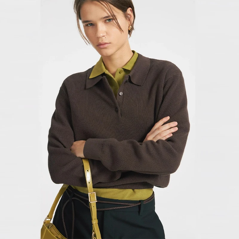 

Polo Collar Women Knitted Sweater Long Sleeve Crocheted Loose Soft Pullover 2025 Autumn Winter Lady Solid Color Casual Knitwear