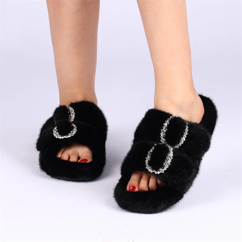 المرأة شبشب شتوي عدم الانزلاق في الهواء الطلق داخلي أحذية منزلية أفخم المنك فو الفراء الدافئة غامض النعال الراحة فروي البغال النعال