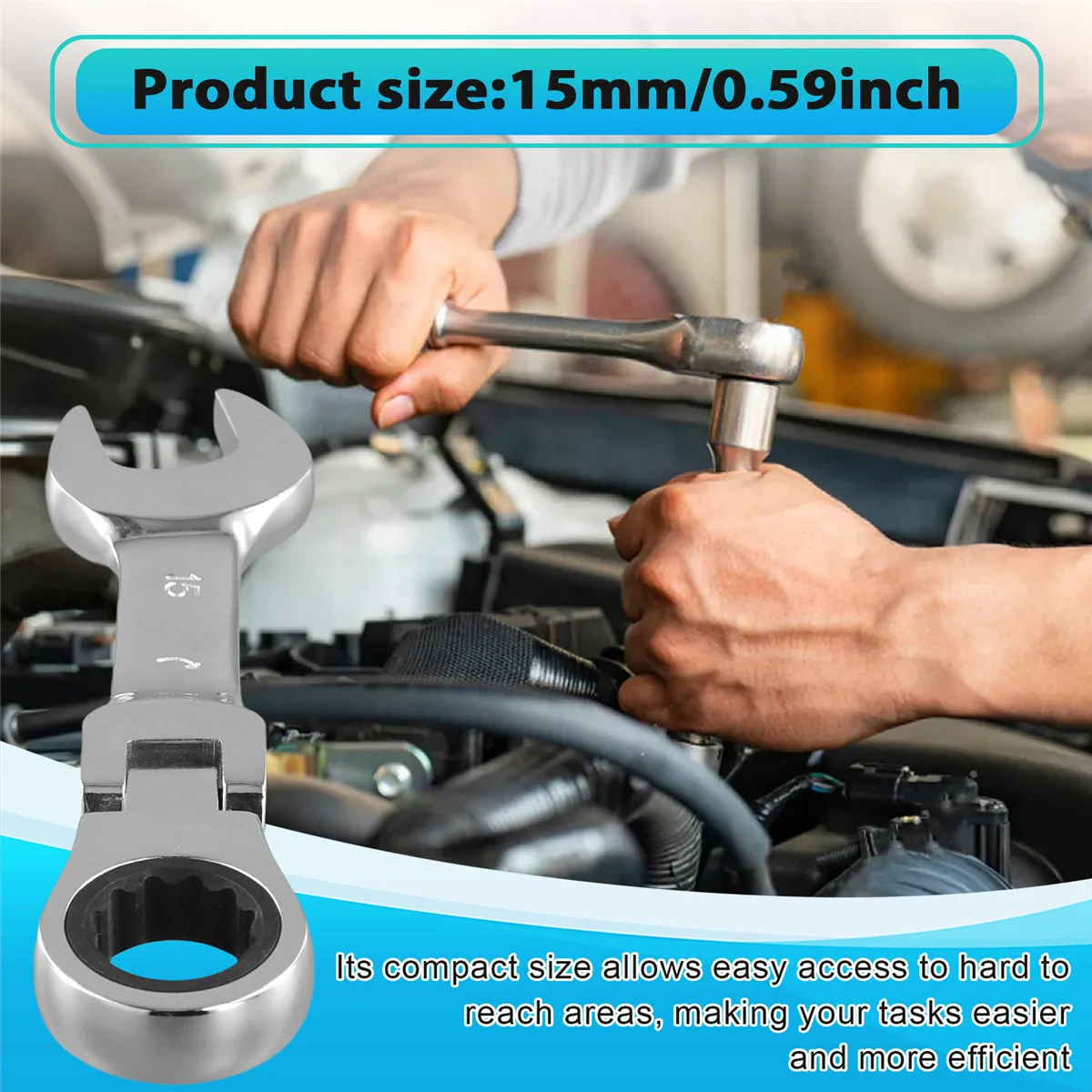 Hhtl-ショートハンドルラチェットレンチ、可動式、クイック、デュアルパーパス、オープンエンド、ハードウェアツール、省力化、15mm