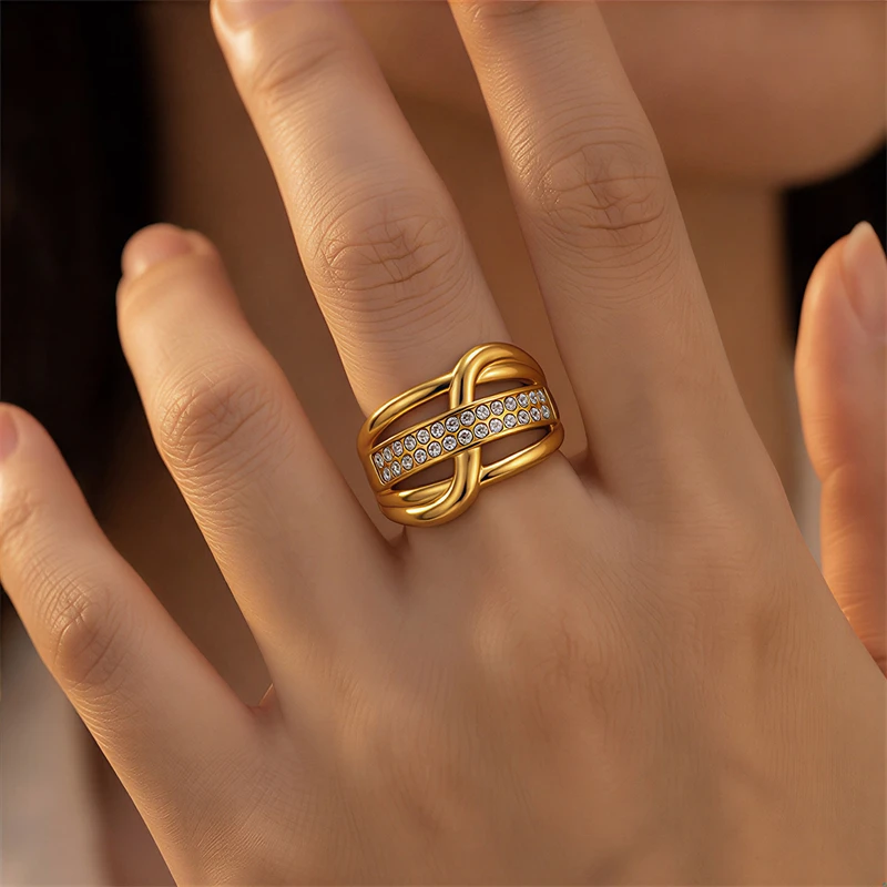 316L Stainless Steel 2026 New Fashion Waterproof Colorfast Jewelry Punk Style 2 Rows Zircon Women Luxury Adjustable Opening Ring