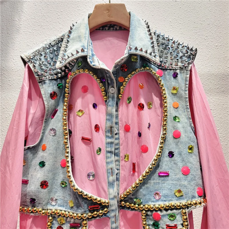 Heavy Craft Heart Beaded Denim Vest Fake Two-Piece Shirt for Women, New Style Loose Slimming Mid-Length Street Blouse