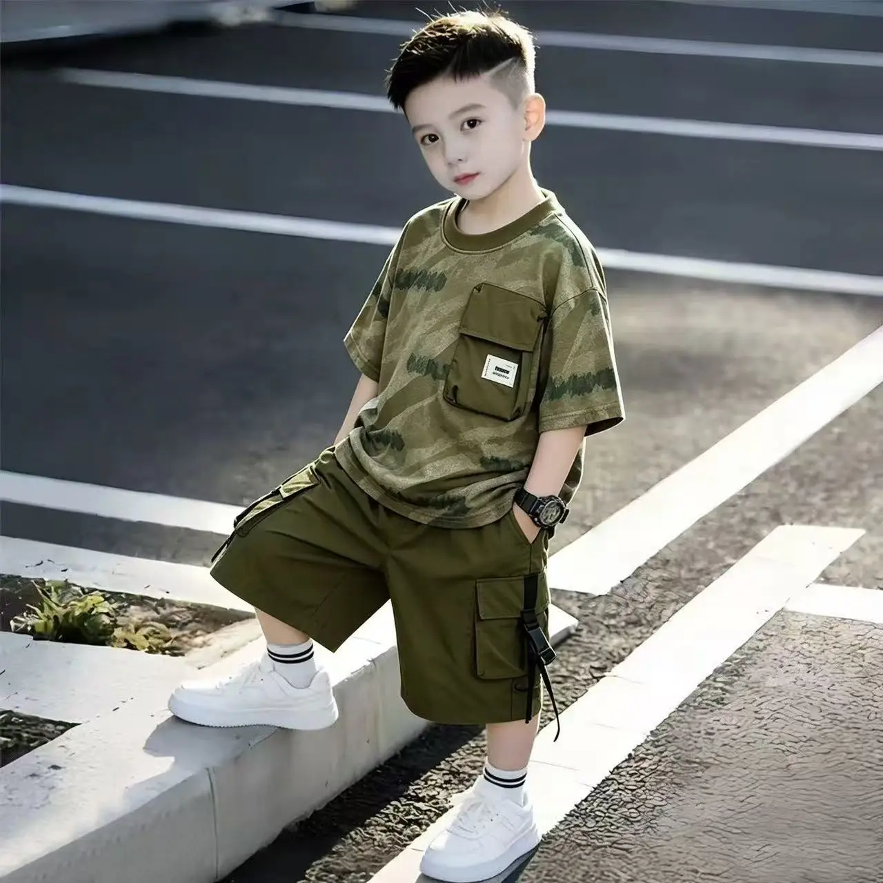 Boys' Summer Set New Children's Printed Letter Short Sleeve T-shirt Work Shorts Two Piece Set