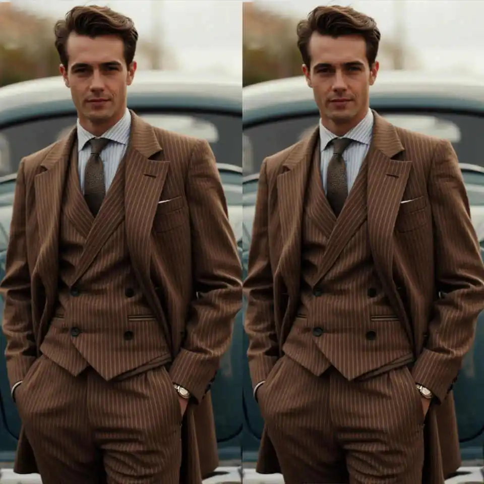 

Handsome Stripe Men Suits Set Vintage Double Breasted Tuxedos Slim Fit Smart Casual Jacket 3 Piece Vest Pants Formal Dress