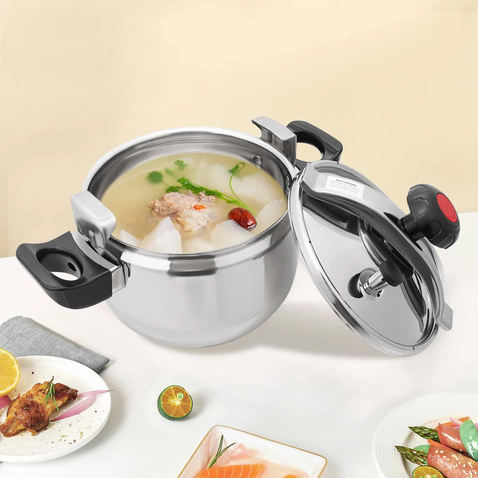 Olla a Presión de Acero Inoxidable Pulido 201, Gran Capacidad, Fondo Triple Compuesto, 150 ℃ Válvula Limitadora de Presión Automática Resistente al Calor, Tapa Antiobstrucción, Olla a Presión Segura a Prueba de Explosiones, Utensilio de Cocina Duradero para el Hogar, para Hacer Guisos, Sopas, Arroz y Otros Alimentos