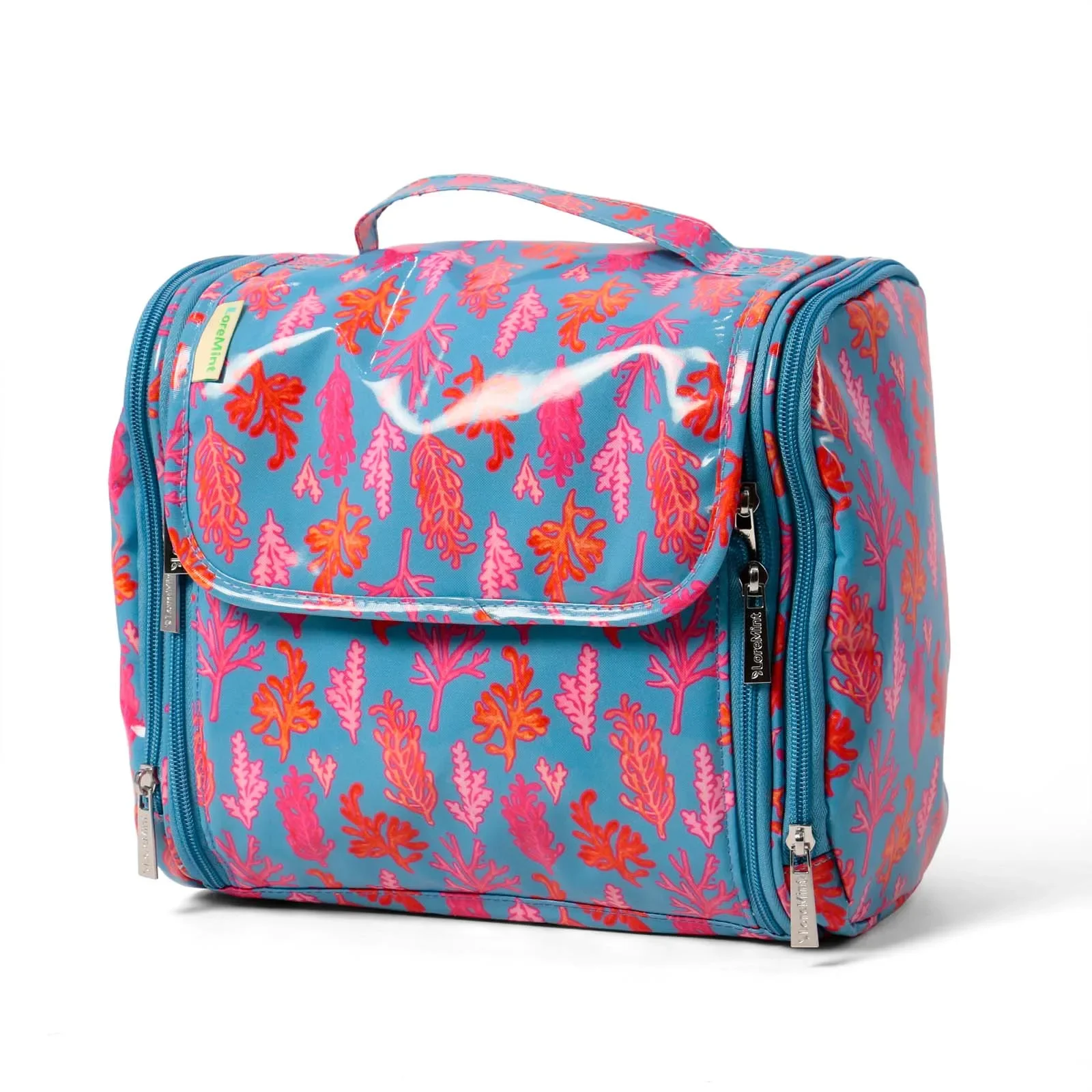 Coral Print Hanging Travel Toiletry Laundry Organizer Bag Wide Opening Multi-Compartment Waterproof Pockets Portable Bathroom Storage Bag