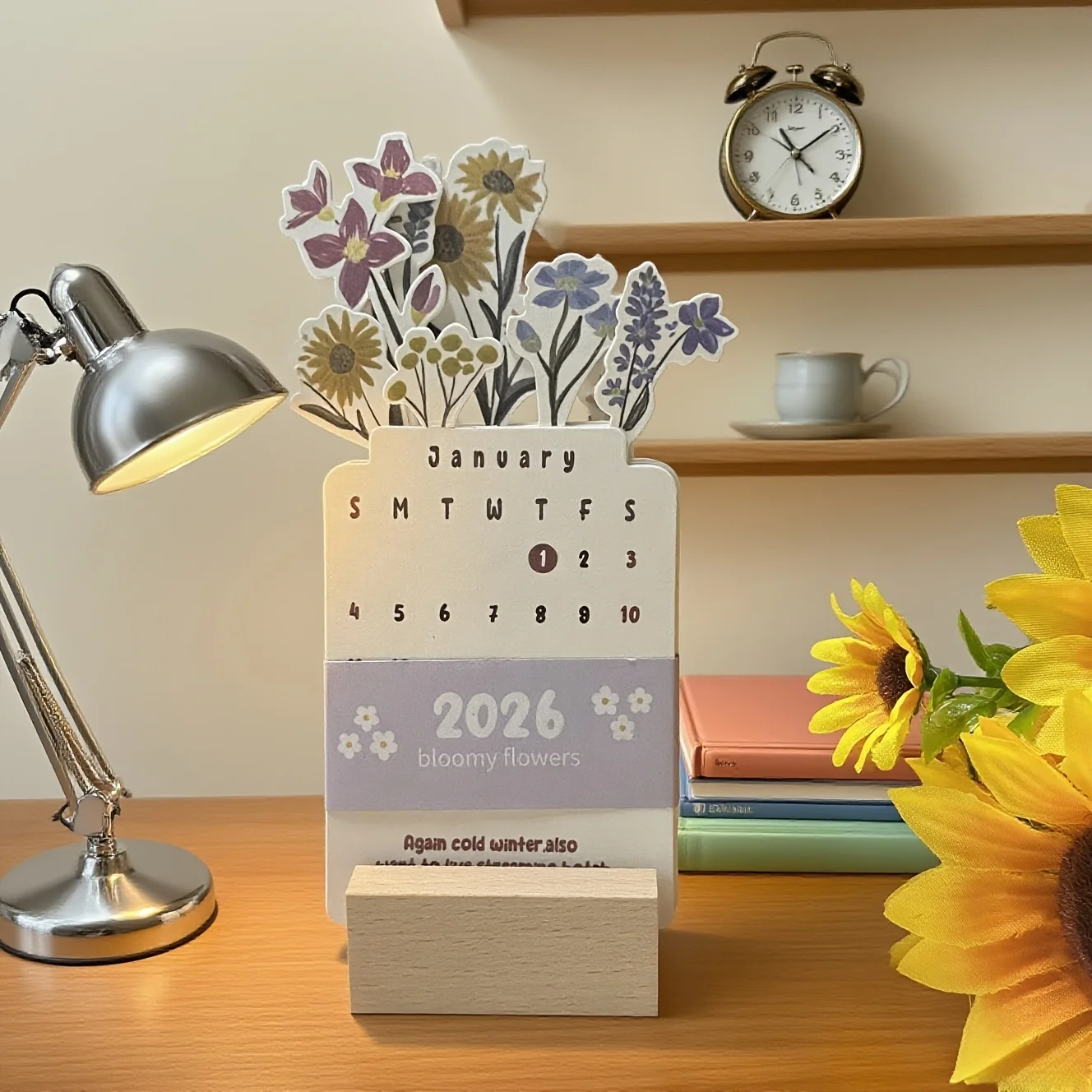 

Desktop 2026 Calendar Flower Card Set Daily Plan for Living Room Office Supplies Desktop Decoration Wooden Base Calendar