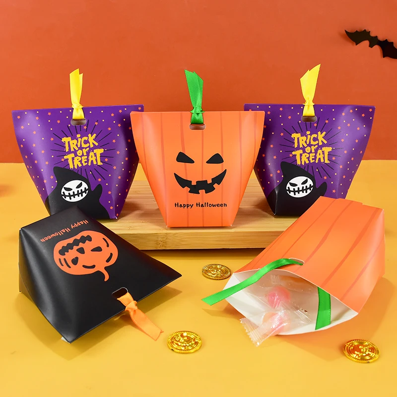 

10pcs Happy Halloween Portable Ribbon Gift Boxes Pumpkin Ghost Candy Cookie Box Halloween Birthday Present Decors Trick Or Treat