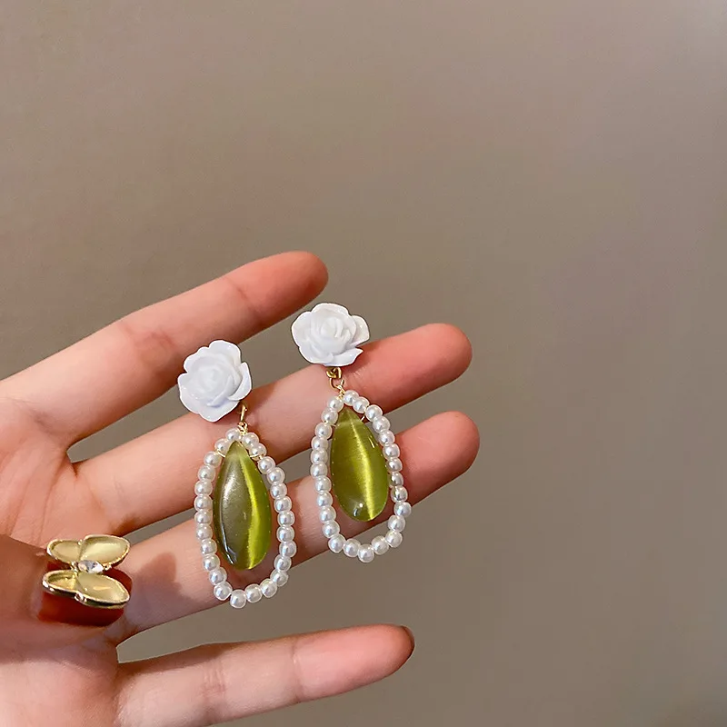 

925 Silver needle Korean new elegant vintage earrings green opal pearl resin flower water drop earrings free shipping