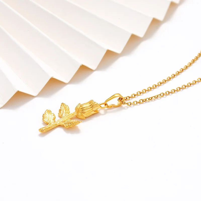 

Luxury 24K 9999 Pure Gold real gold Women's one-stick rose pendant necklace