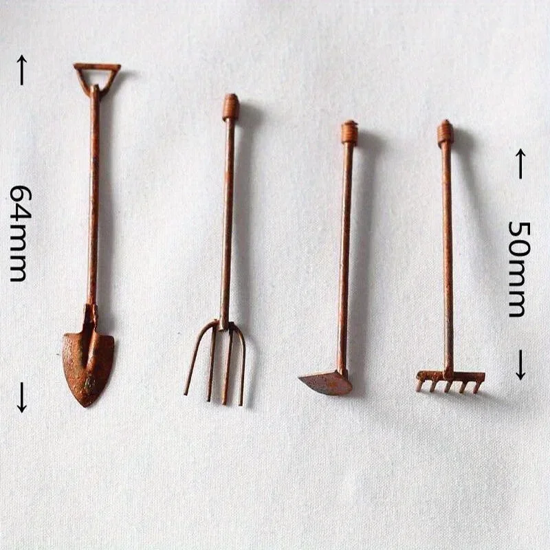 4Pcs/Pack Miniature Garden Tools Ornaments Rusty Metal Crafts Gardening Rusted Tool Set Garden Accessories