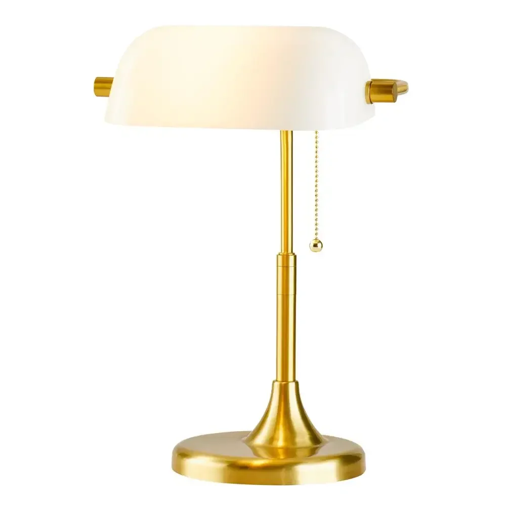 Adjustable Vintage Brass Banker Desk Lamp with White Glass Shade