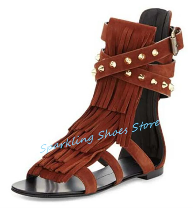 

Punk Rivet Tassel Narrow Band Women Sandals Peep Toe Cross Buckle Strap Summer Cool Boots Ladies Outside Flats Gladiator Shoes
