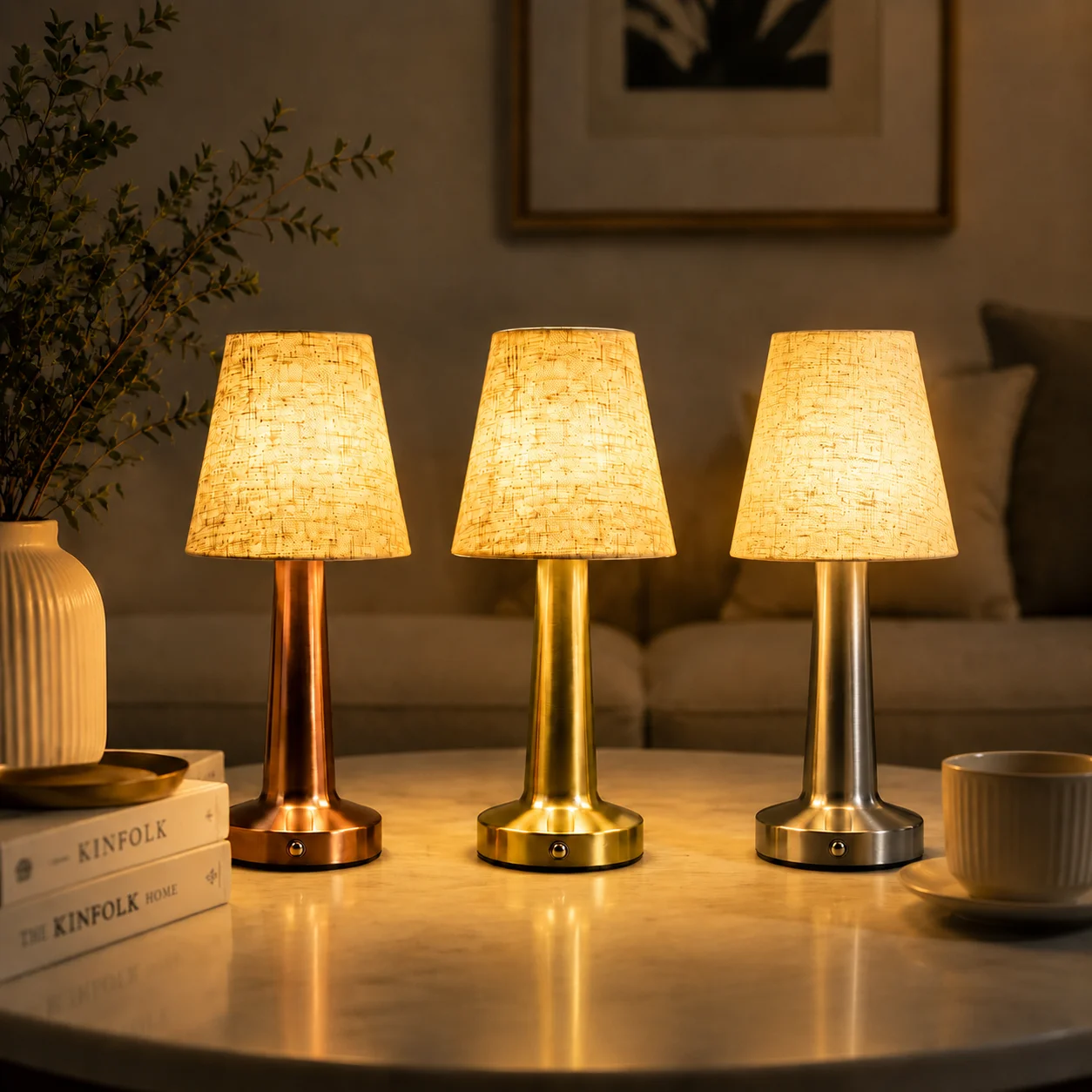 Wiederaufladbare Tischlampe mit Stoffschirm, LED-Schreibtischlampe mit Touch-Steuerung, 3-Farben-Beleuchtung, 1800-mAh-Akku, für Schlafzimmer