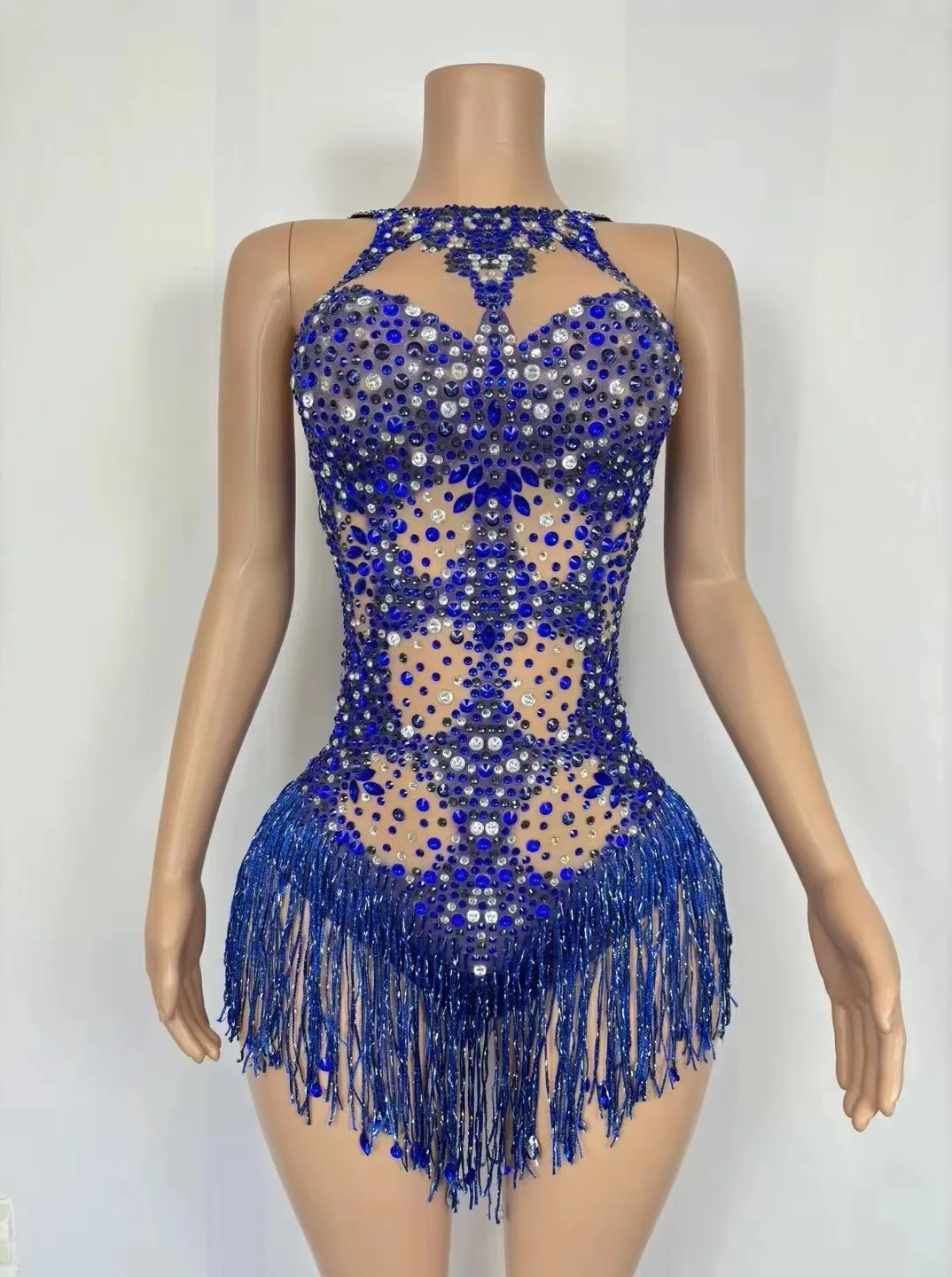 

Crystal Tassel Leotard Rave Outfits Blue Rhinestones Fringe Bodysuit Women Sexy Gogo Dance Costume Bar Nightclub Show Stage Wear