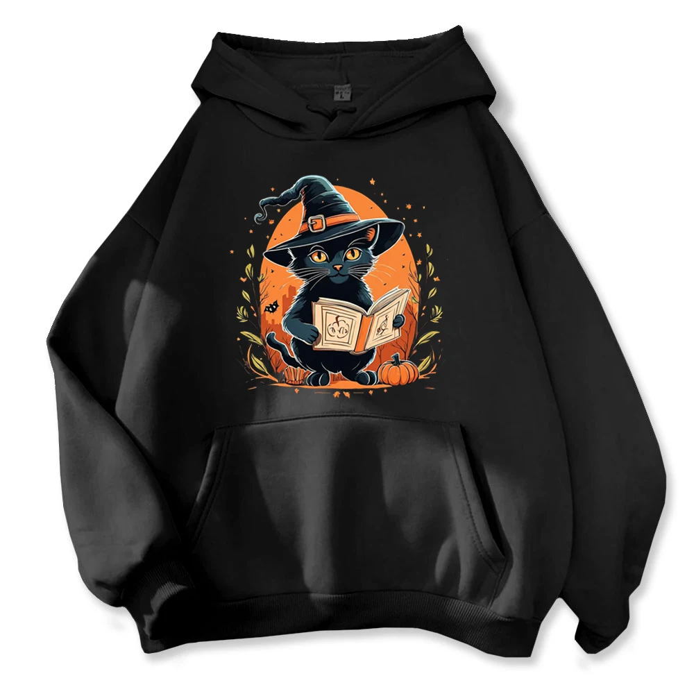 Whimsical Halloween Hoodie -  Black Cat Reader & Pumpkin-Inspired Background Hoodies  Customizable Sweatshirt Women Mens