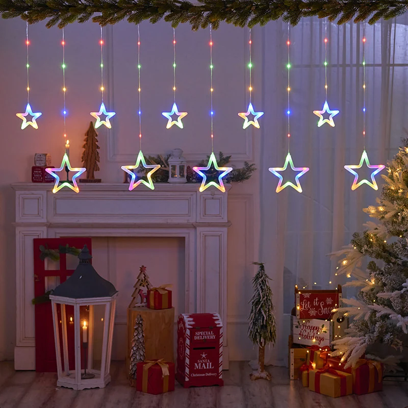 Schneeflocken-Lichterkette, mehrfarbige 10-Sterne-Weihnachtsbeleuchtung mit Fernbedienung, batteriebetriebene Vorhang-Lichterkette für Weihnachten,