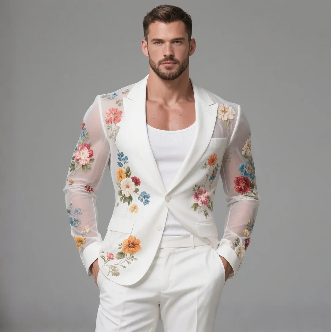 Men's Elegant See-Through Floral Print Single-Breasted Blazer