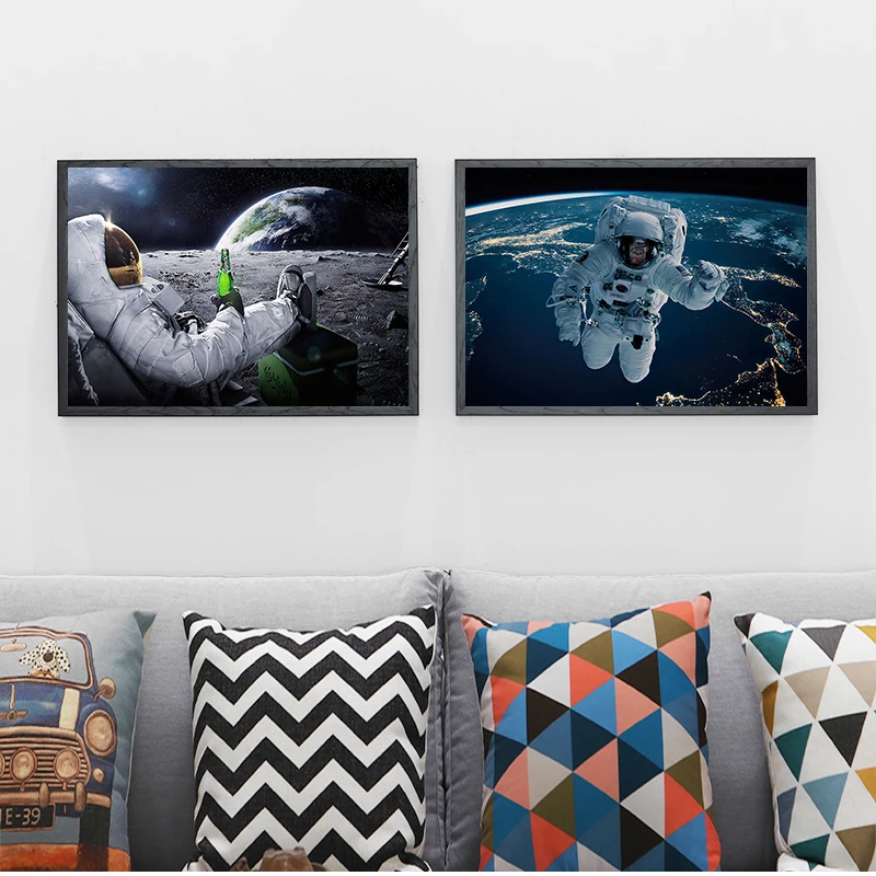 Wall Art HD Printed Canvas Painting Beers Outer Space Earth Astronauts Moon Cuadros Poster Prints Wall Pictures for Home Deco