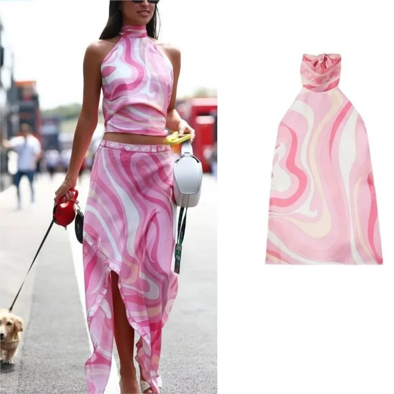 Color Blocked Women's Half Skirt Two-piece Set Fashion Hanging Neck Top+irregular Hem Half Skirts Suit Ladies Vacation Outfit