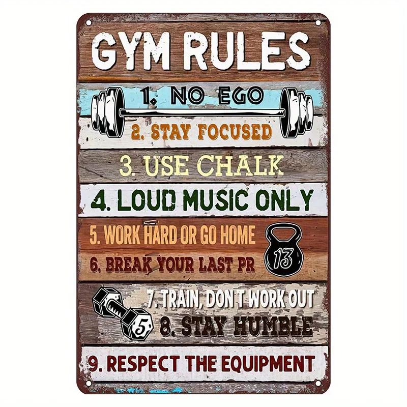 Vintage Gym Rules Metal Tin Sign - Motivational Wall Art with 10 Fitness Commandments, No Ego, Stay Focused, Use Chalk, Work Har