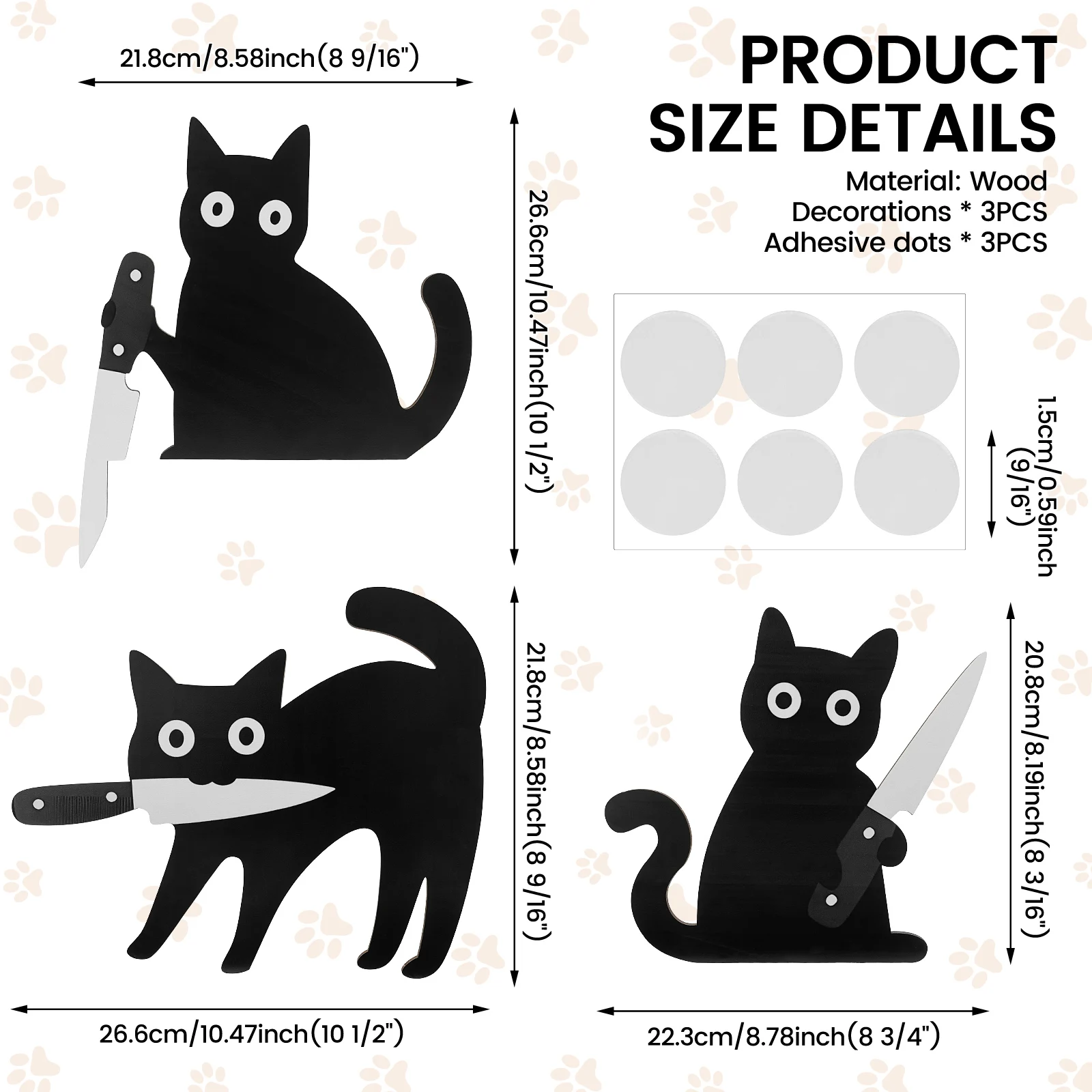 3Pcs Creative Funny Black Cat Wall Decor Wooden Cat Shaped Wall Art Pendant with Adhesive Dot for Home Bedroom Living Room Decor