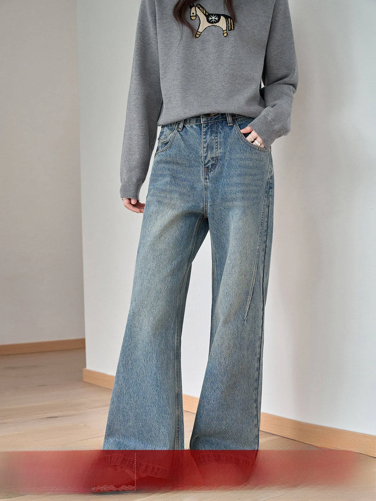 

MoZa High Waist Draped Straight Leg Jeans Women's Light Blue Loose Slimming Wide Leg Long Pants Commute Sle Autumn Winter