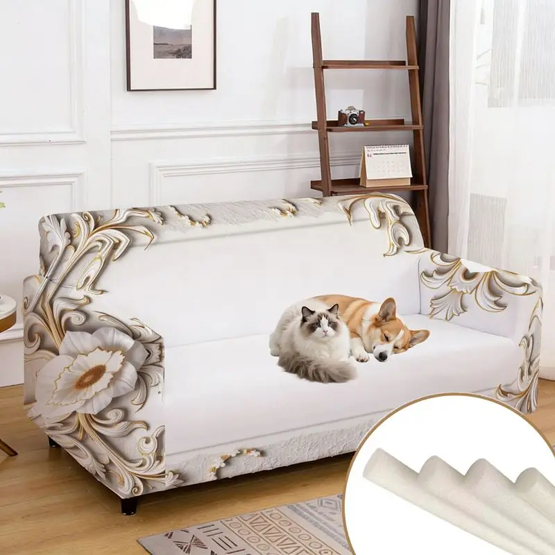 

Чехол для дивана в классическом стиле барокко, черно-золотой цветочный узор, эластичный, на все сиденья.