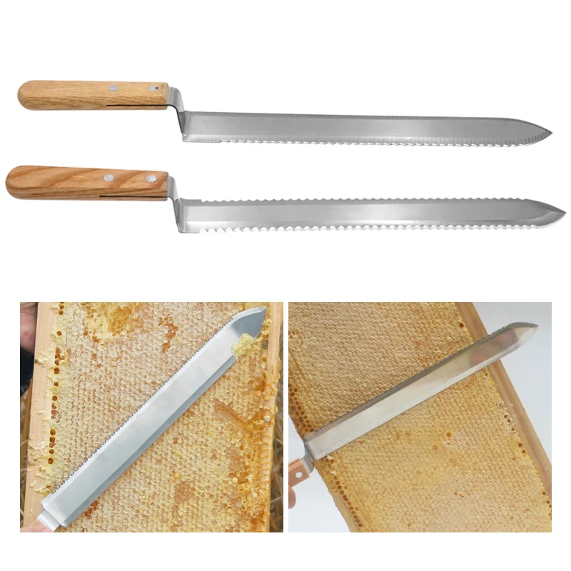 Honey Cutting Knife with Wooden Handle Stainless Steel Blade Beekeeping Tool Flat Mouth Single And  Double Tooth Edges To Choose