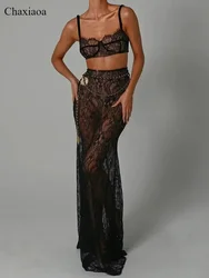 Chaxiaoa See Through Lace Two Piece Skirt Sets Women Crop Top and Maxi Skirt Set Elegant Party Beach Sexy Costumes Matching Sets