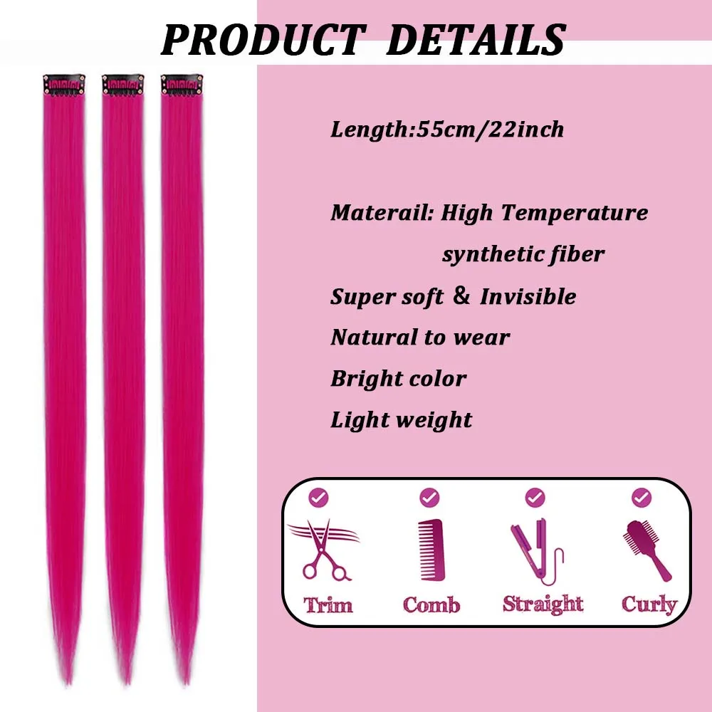 3 Teile/los 22 "Farbige Haarverlängerungen Synthetische Clip-in Bunte Haarverlängerungen Regenbogenhaar Perfekt Für Party Festival – Detail 4