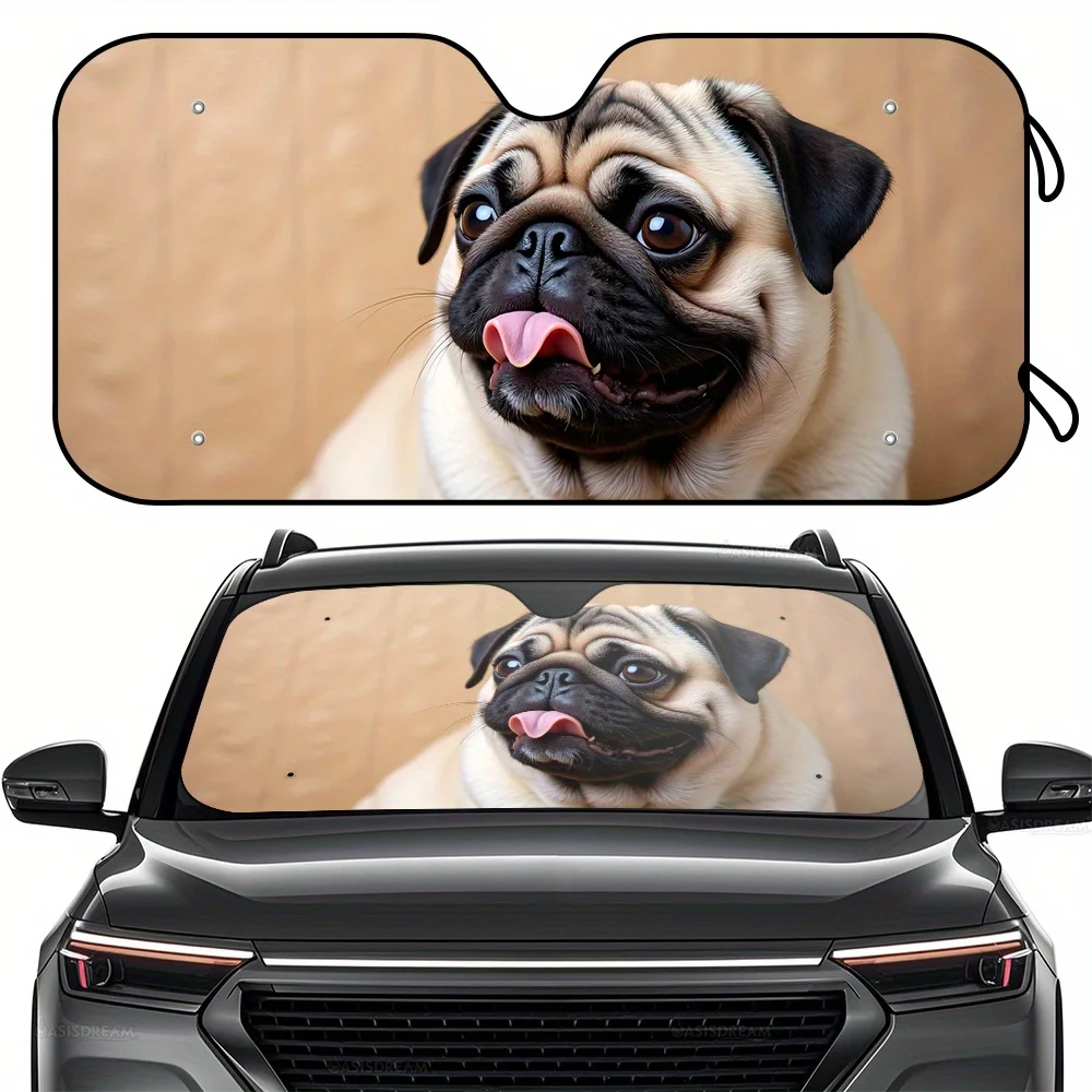 

1pc 57" X 27.5" Pug Expressive Photo Design RV Windshield Sun Shade - UV Protection & Heat Reduction, Fit With 4 Free Suction Cu