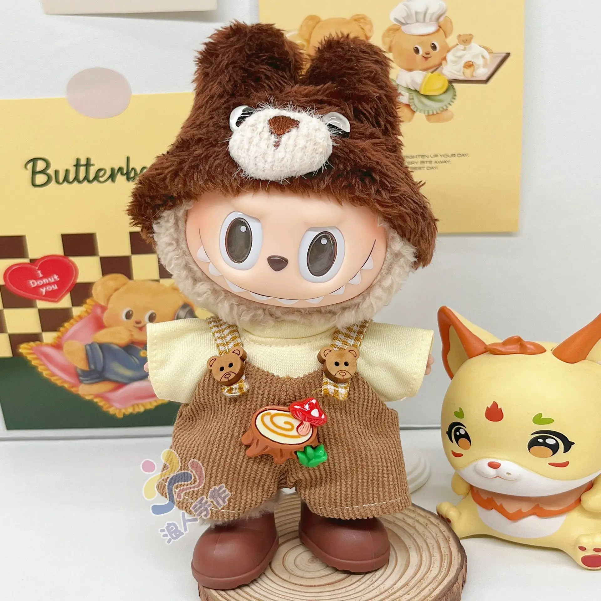 

Doll Clothig For Labubu Clothes 15-17CM Plush Doll Outfits Cute Bear Headcover Hat Jumpsuit T-shirt 3PCS/Set Universal Accessory