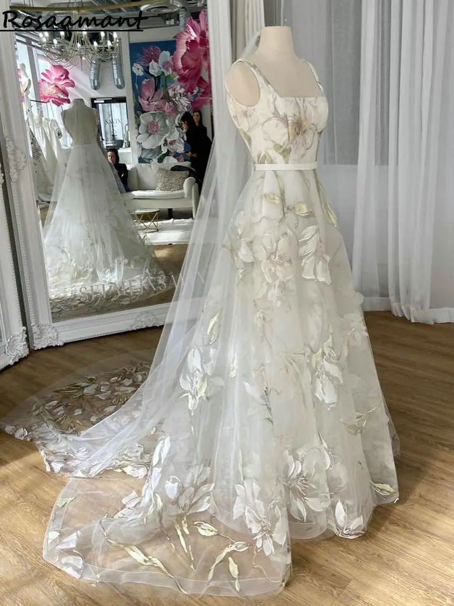 Real Image Square Collar Floral Print Wedding Dresses A-Line Sleeveless Belt Boho Country Bridal Gowns