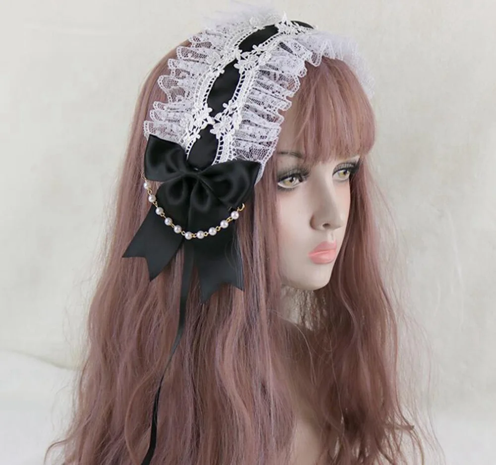 Sweet Lolita Bowknot Maid Headdress Women Girls Japanese Style Anime Ruffled Lace Headpiece Headband