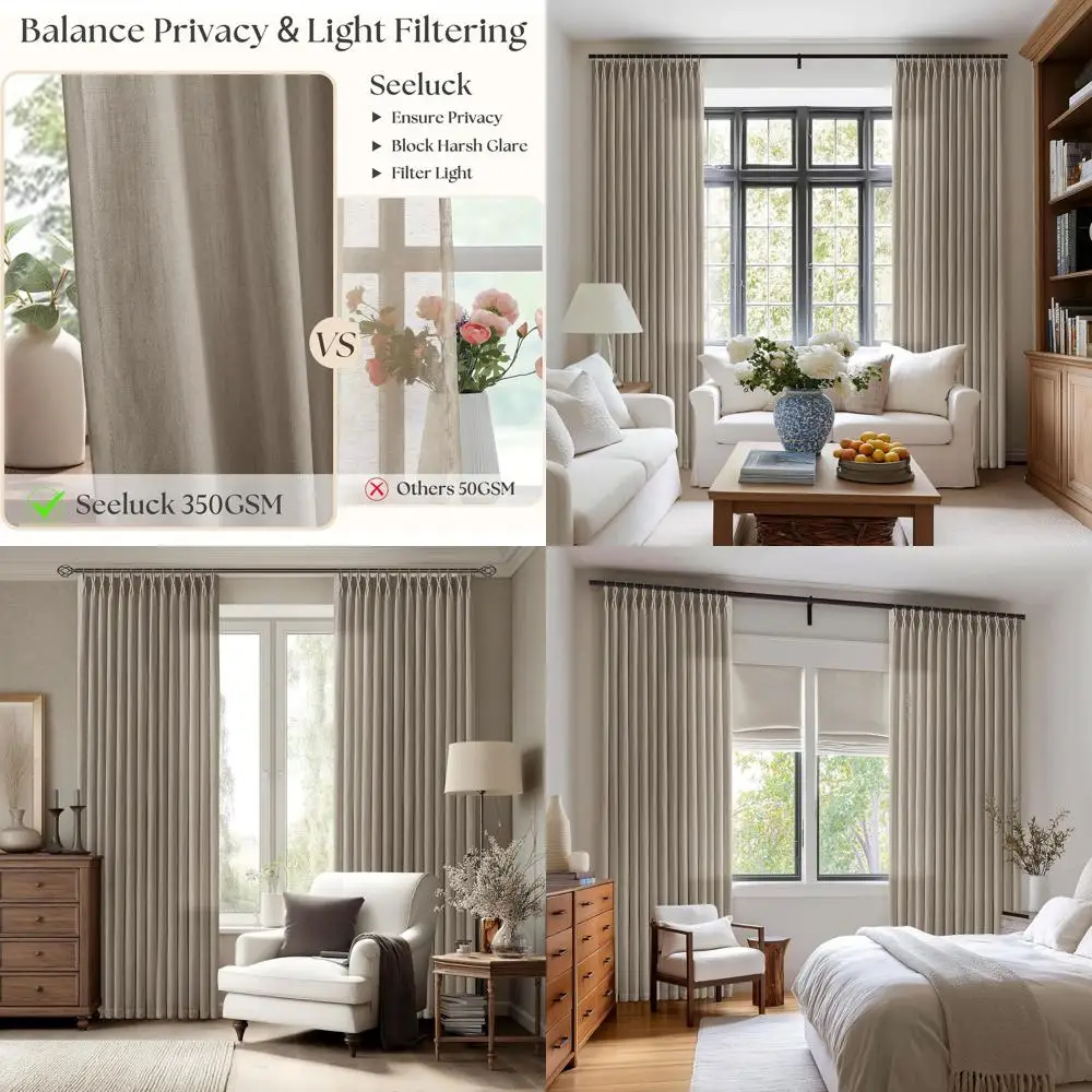 

108 Taupe Grey Linen Curtains, 2-Panel Set for Living Spaces, Dark Flax Farmhouse Style, Ceiling-to-Floor with Hooks/Rings