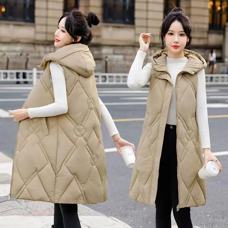 

New 2024 Fashion Long Down Cotton Vest Women Autumn Winter Korean Slim Hooded Cotton-padded Jacket Ladies Waistcoat Tops