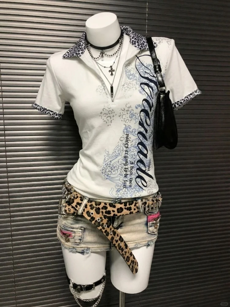 Subculture Vintage Y2k Hot Girl Slim T-Shirts Women Designer Hepburn Aesthetic Leopard Print Short Sleeve Patchwork Print Tees