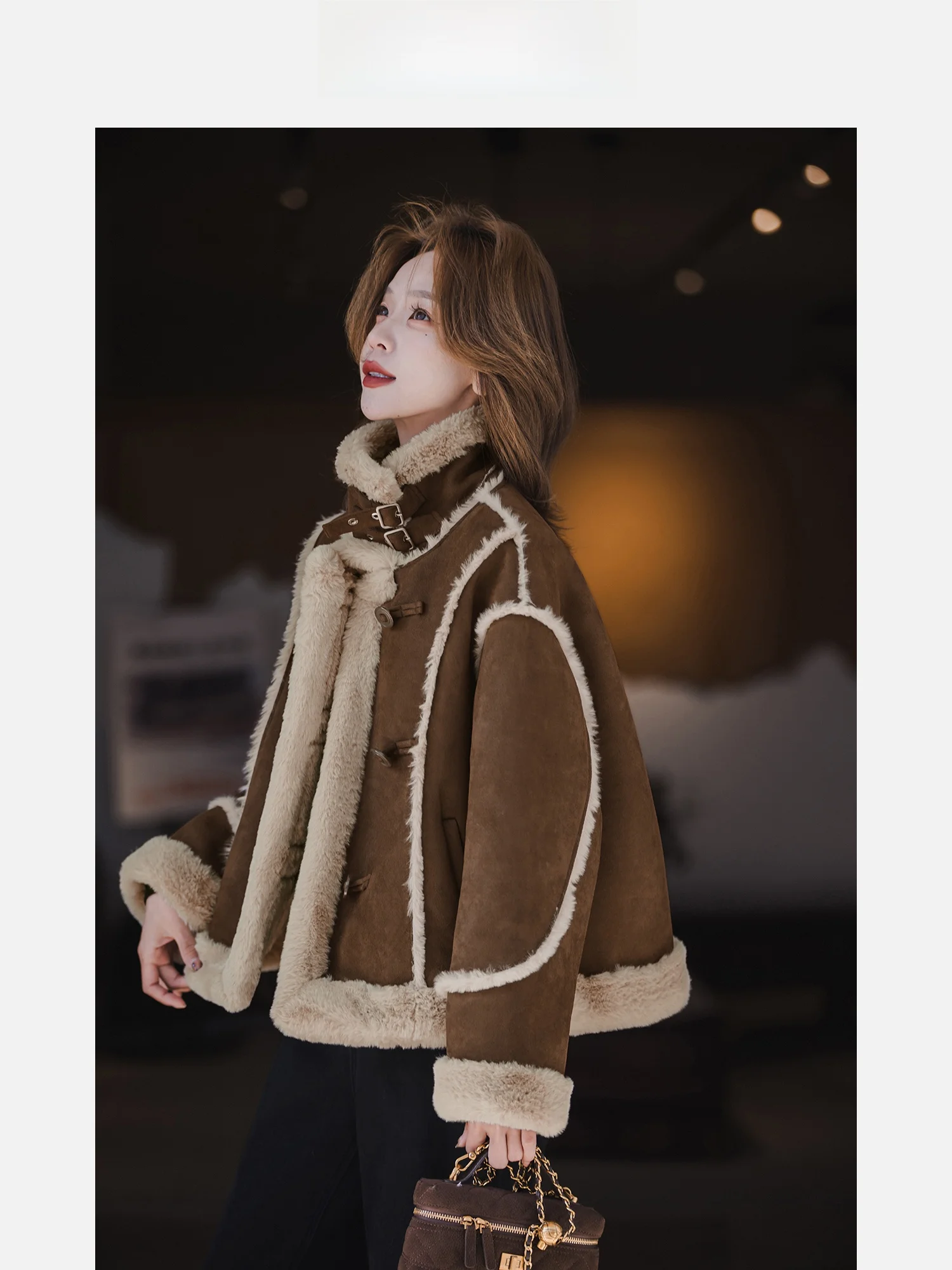 Pastoral Sle ort Coat Women's Autumn Winter New Faion Color Blo Faux Leather Fur Inteated Jaet American Sle Pol...