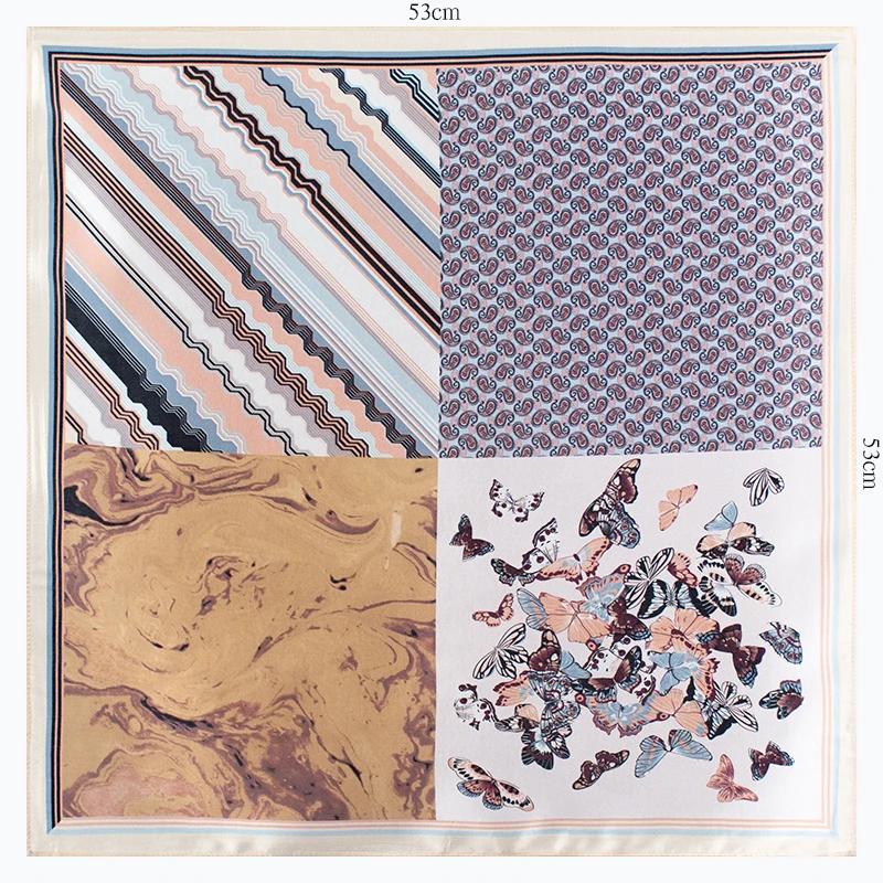 

100% Mulberry Silk 53x53cm Scarf Patchwork Print Butterfly Marble Stripes Square Neck Bandana Versatile Fashion Accessory