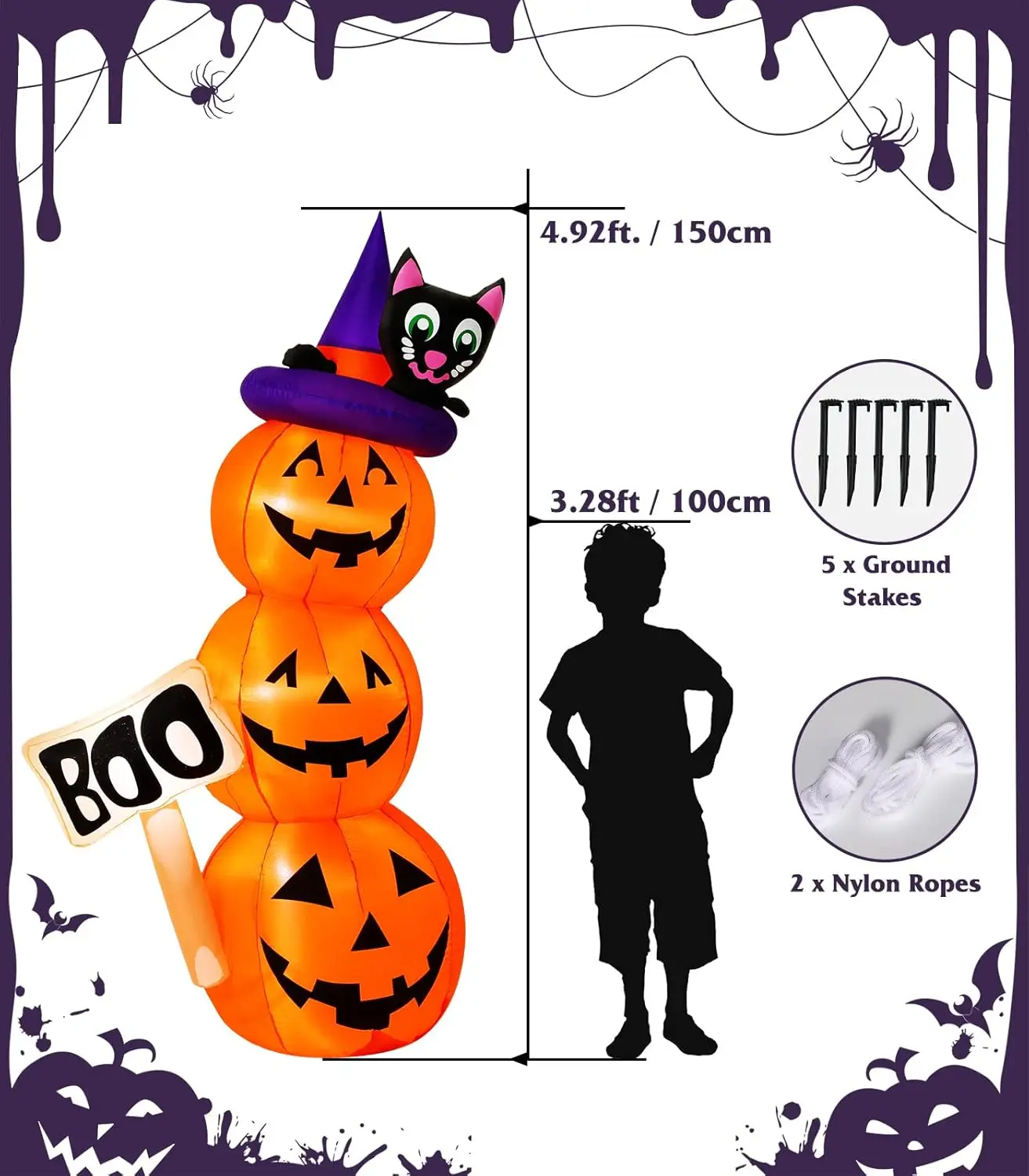 5 FT Halloween Inflatable Decoration Stacked Pumpkin Lamp with Witch Hat Cat Build-in LED Light Garden Lawn Party Outdoor Toys