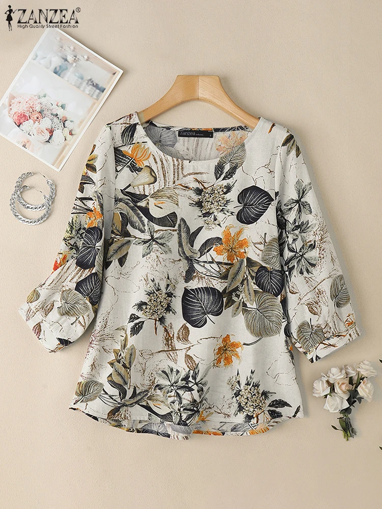 

ZANZEA 2025 Autumn Loose Cotton Shirt Women's Bohemian Floral Blouse Vintage 3/4 Sleeve Tops Casual Tunic Fashion Tops Blusas