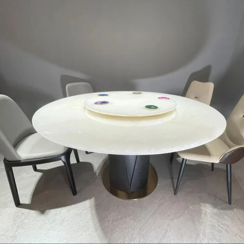 A Pure natural marble dining table round luxury stone series white ice jade translucent round turntable dining table and chairs