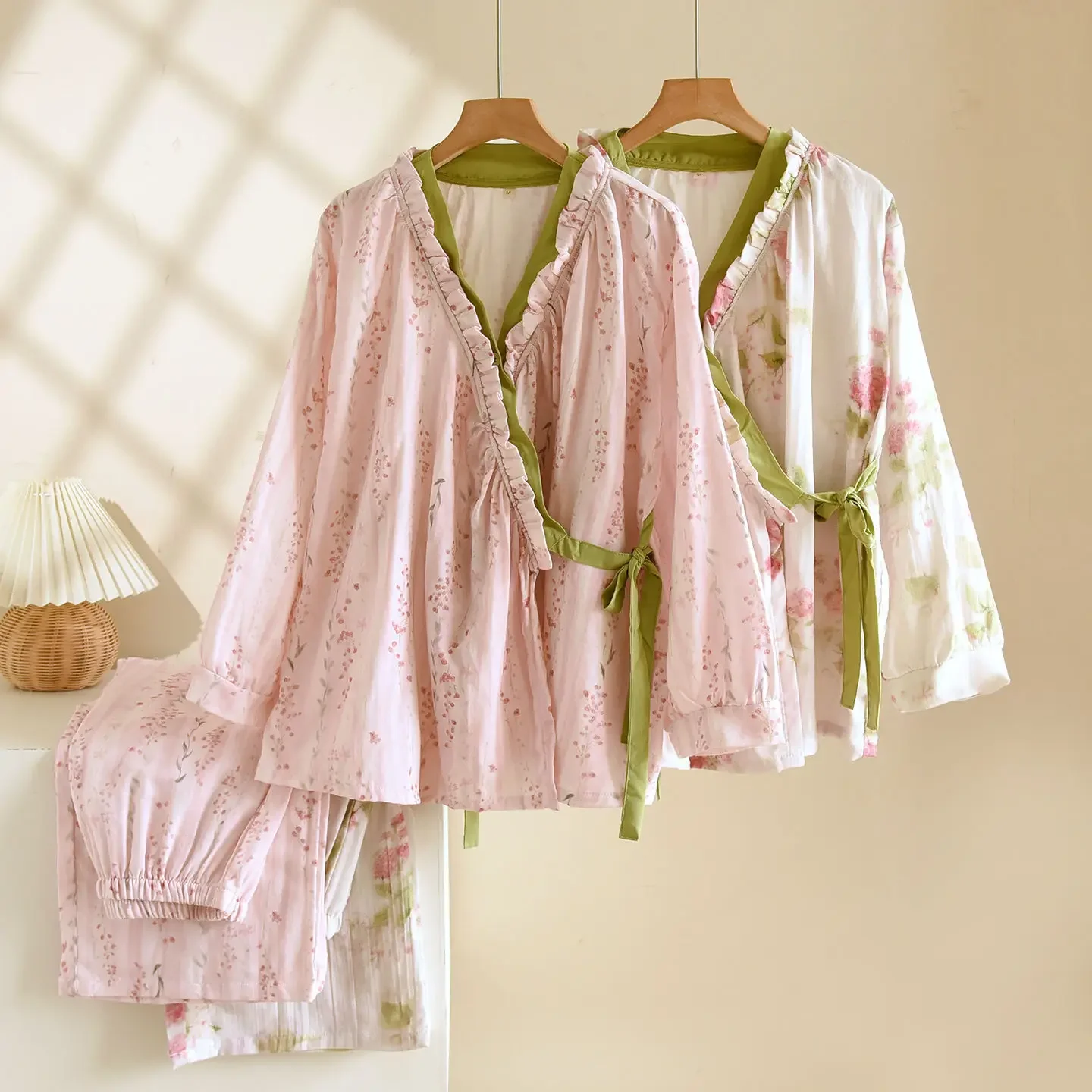 

Kimono Robes Set for Spring and Autumn Sleepwear Clothes Women's 2025 Home Clothes Cardigan Long Sleeved Loose Pajamas