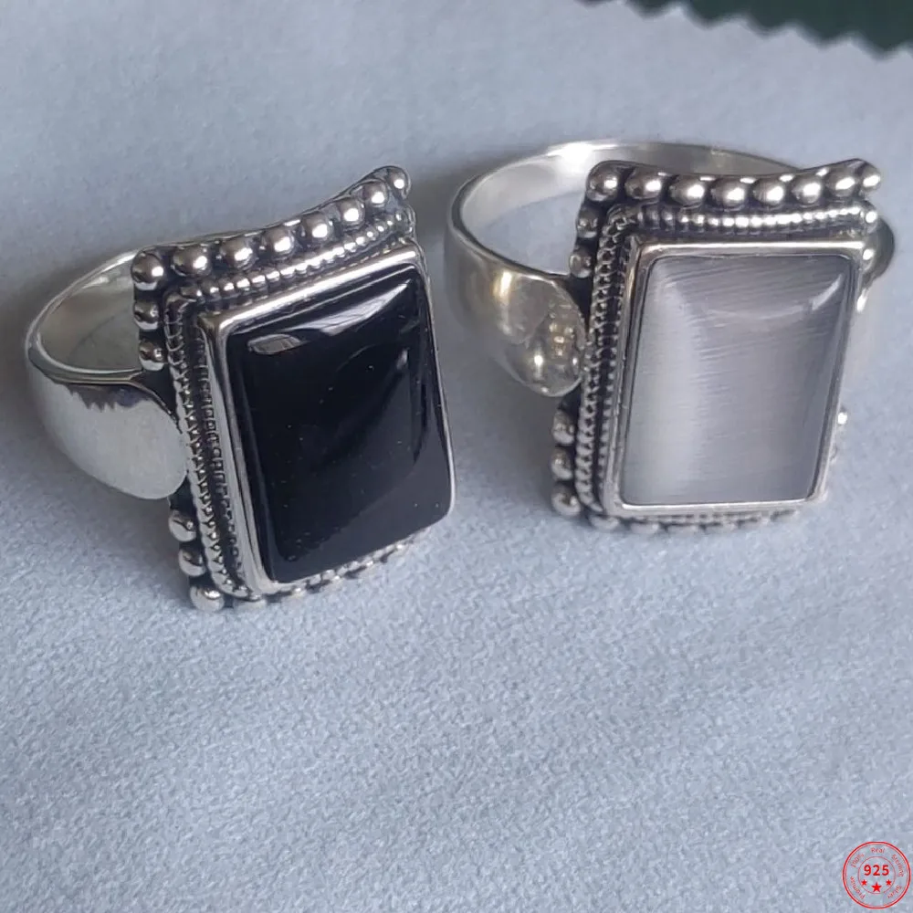 

New Fashion Real S925 Sterling Silver Punk Style Personality Domineering Natural Black Onyx Square Big Ring for Men's Trend Gift